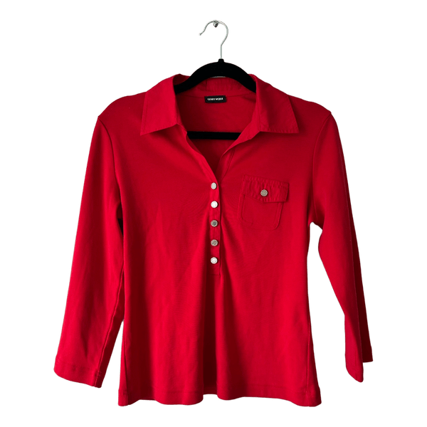 Red button-up top