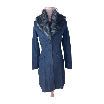 Denim coat with faux fur collar
