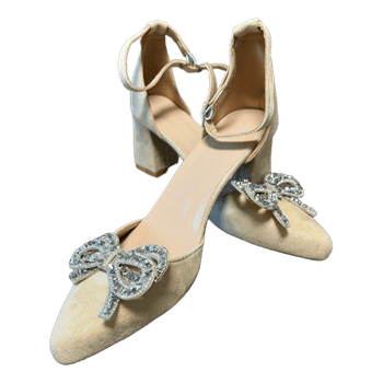 Beige rhinestone bow heels