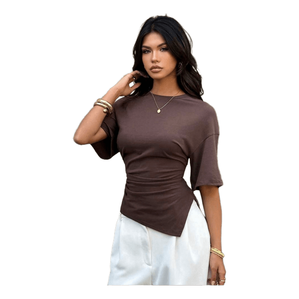 Brown asymmetrical short sleeve top