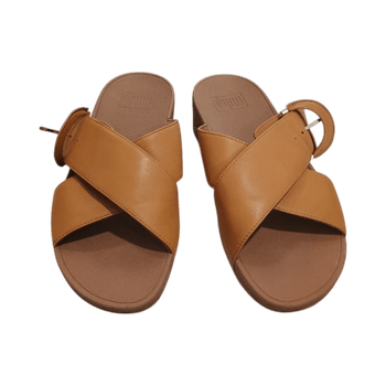 Tan crossover slide sandals