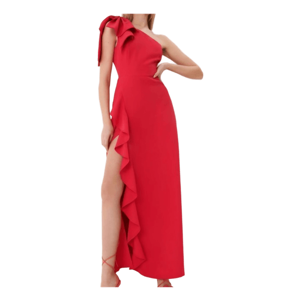 Red one-shoulder ruffle dress