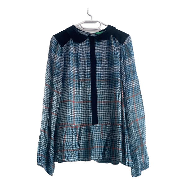 Benetton Houndstooth Peplum Blouse XS Romantic Collared Viscose Top