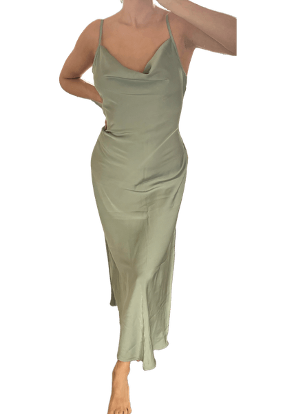 Sage green satin midi dress