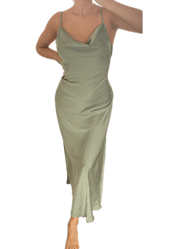 Sage green satin midi dress