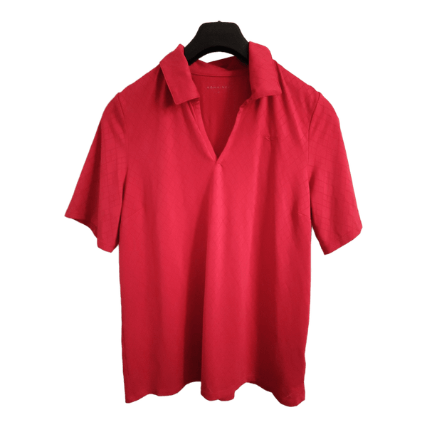 Red patterned polo shirt