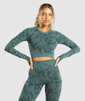 Dark Green Long Sleeve Crop Top
