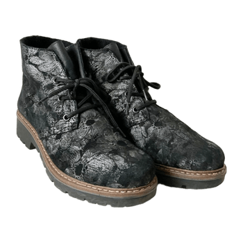 Real genuine leather Rieker ankle boots with floral print in silver