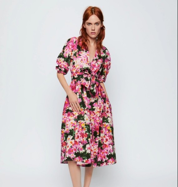 ZARA floral midi dress XS wrap belt pockets summer boho chic romantic elegant style