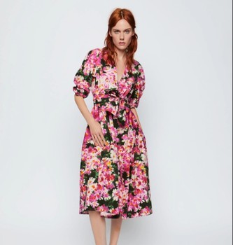 ZARA floral midi dress XS wrap belt pockets summer boho chic romantic elegant style