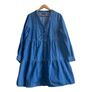 F&F Womens Denim Tiered Tunic Dress Size 46 XXL 3XL Blue Chambray Loose Fit Casual