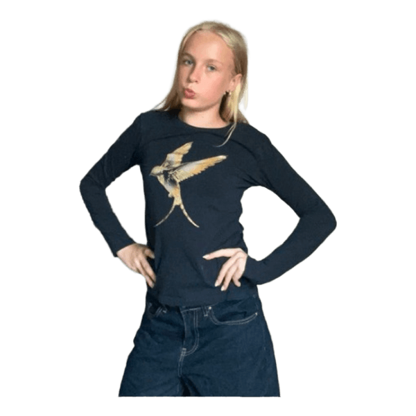 Sort langærmet t-shirt med fugleprint
