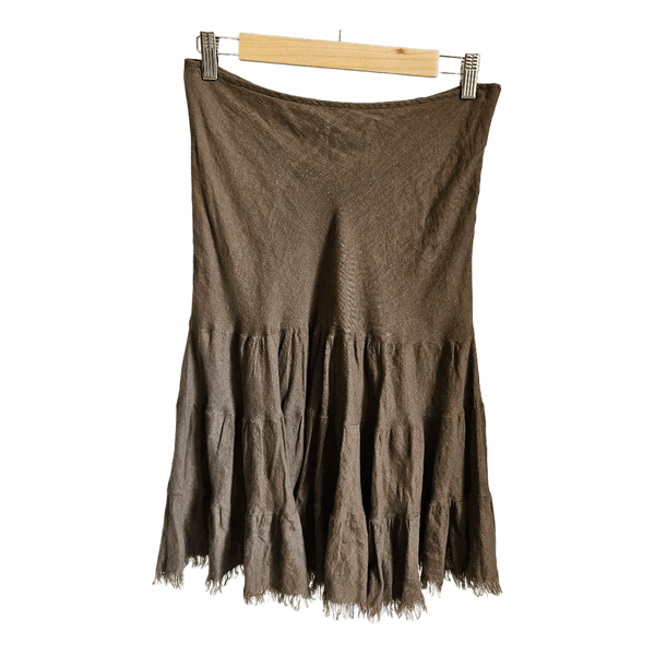 Ken 100% Linen Tiered Midi Skirt Brown Size 8 Raw Fringe Hem Boho Lagenlook