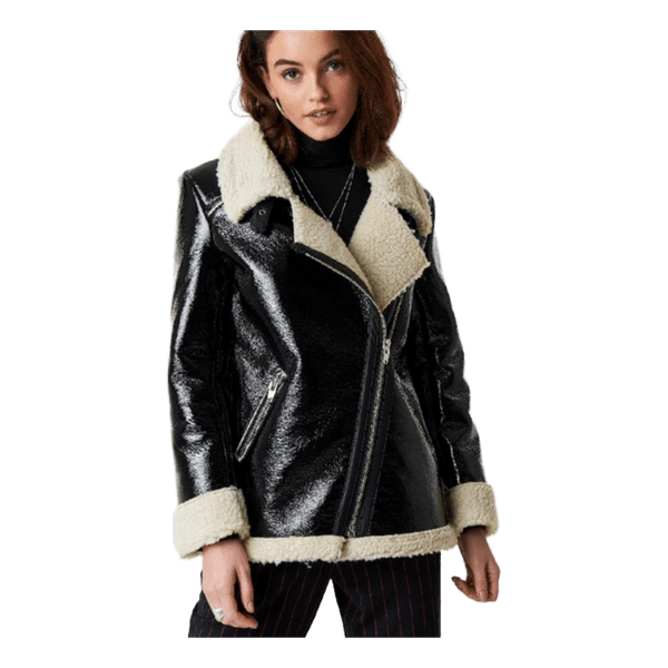 Black faux shearling aviator jacketEmilie Briting Aviator Jacket Black Patent Faux Shearling Size 36 Biker Y2K