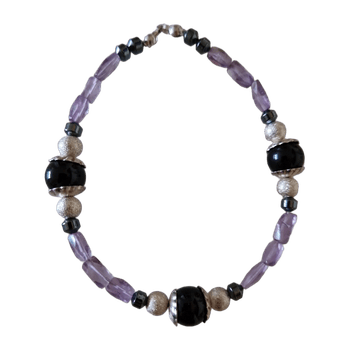 Natural amethyst, black onyx and sterling silver beaded bracelet