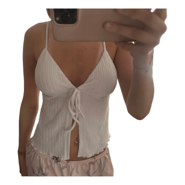 White crinkled tie-front top