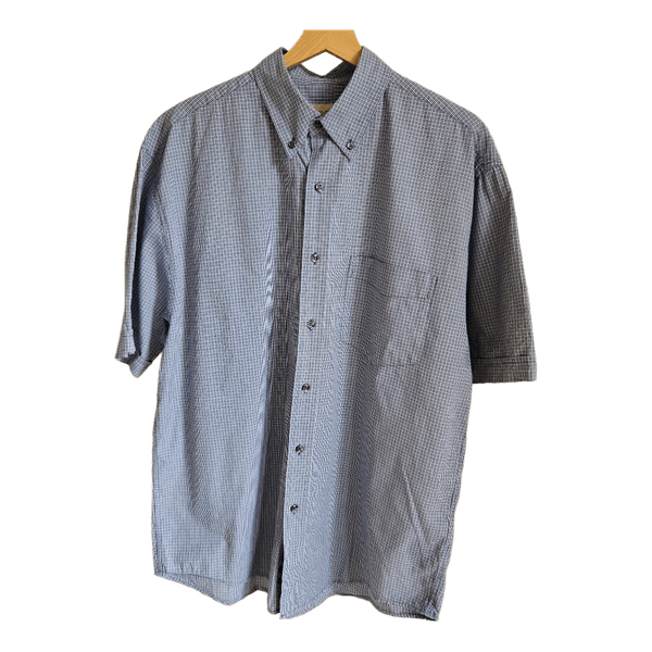 Eddie Bauer Men's Blue Check Short Sleeve Button Down Shirt M 100% Cotton Hiking Outdoor Travel