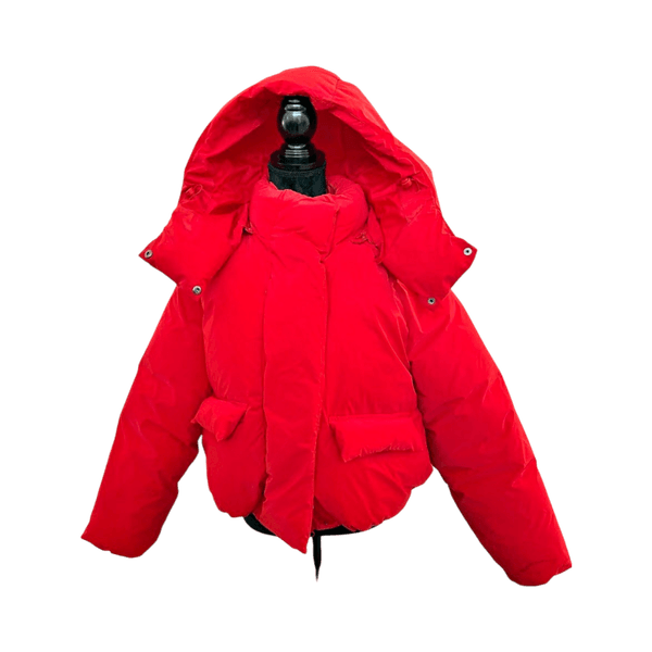 Kyle Jenner brand “Khy” Red hooded puffer jacket