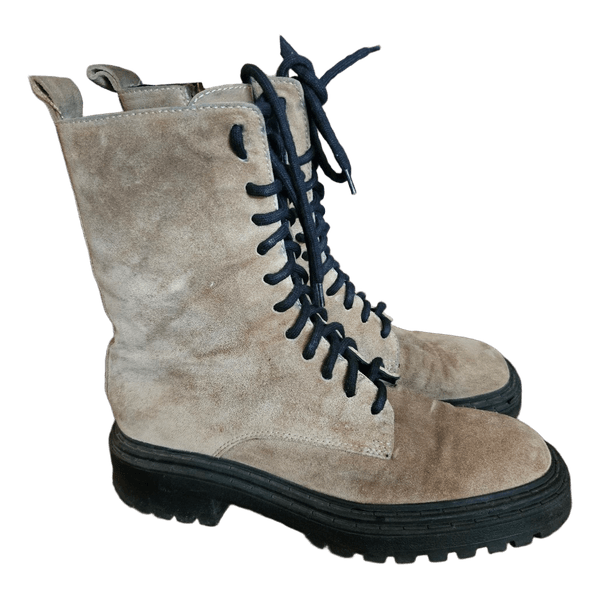 Massimo Dutti Suede Combat Boots Beige EU 40 Lace Up Zip Chunky Lug Sole