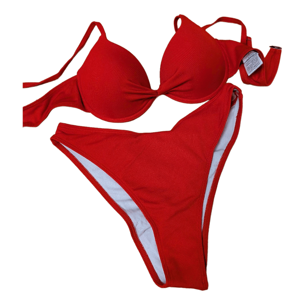 Red ribbed bikini set