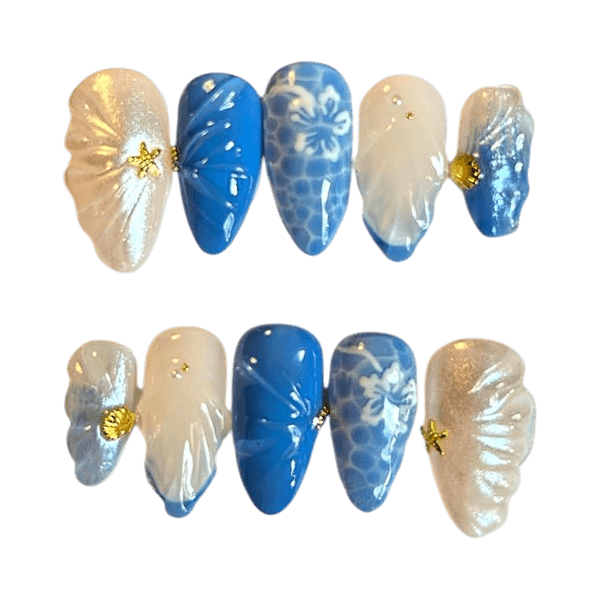 Blue decorative press-on nails