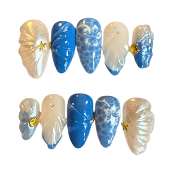 Blue decorative press-on nails