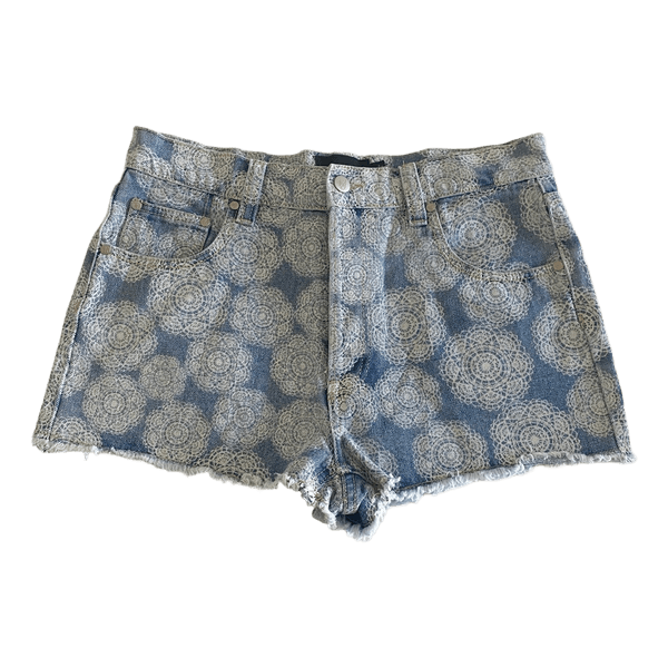 Minkpink Light Wash Boho Denim Shorts with Ornamental Print – Size L