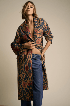 Red Navy Printed Wool Blend Coat