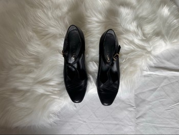 Black leather t-strap heels