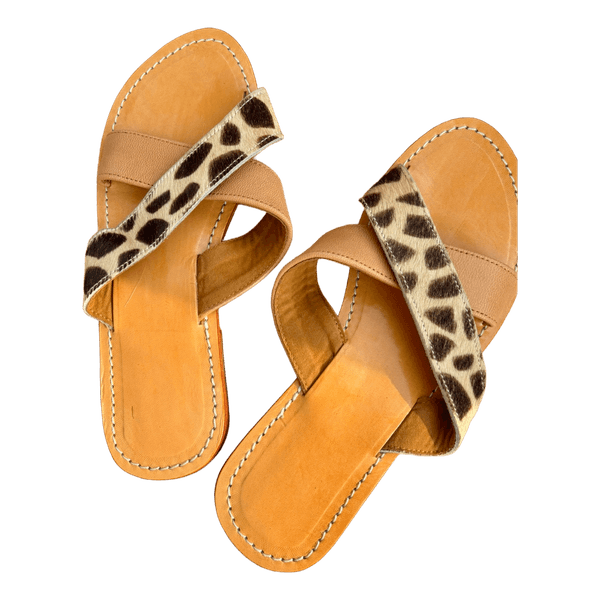 Brown leather animal print sandals