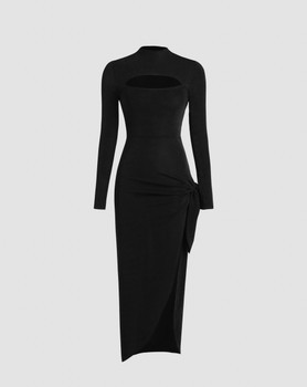 Black cut out knotted split maxi dress
