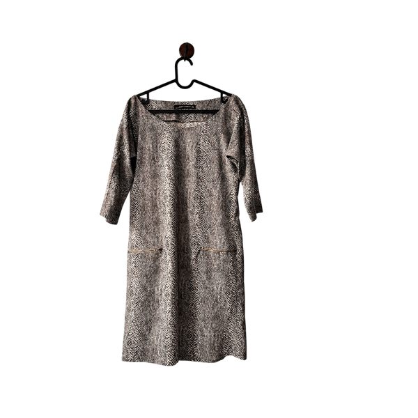 Zara Woman tan snakeskin animal print 3/4 sleeve dress with faux gold hardware on the pockets size M