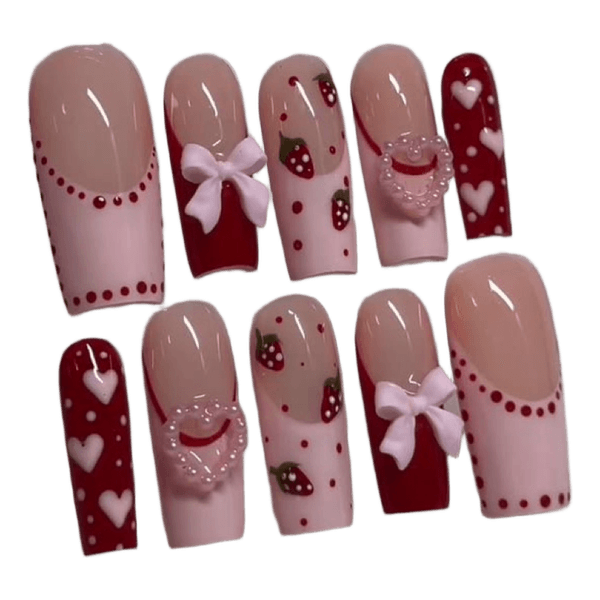 Handmade Strawberry heart press-on nails