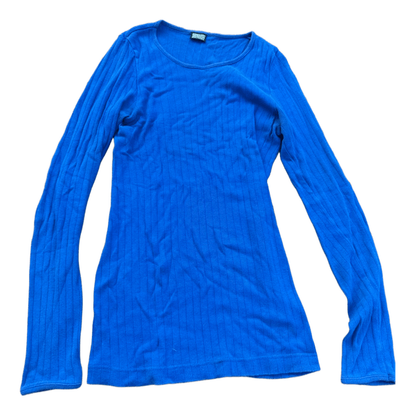 Blå langærmet ribstrikket bluse