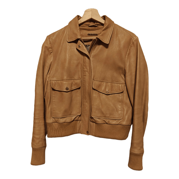 Beige leather bomber jacket