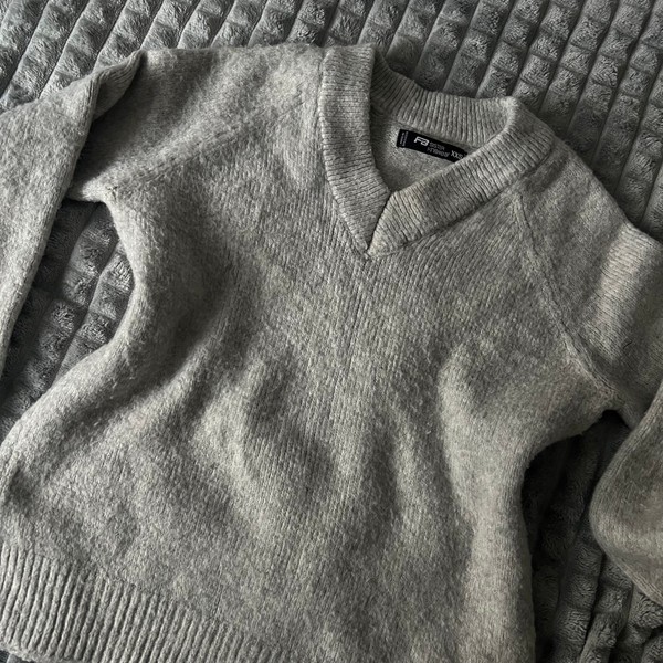 Grey V-Neck Knitted Sweater