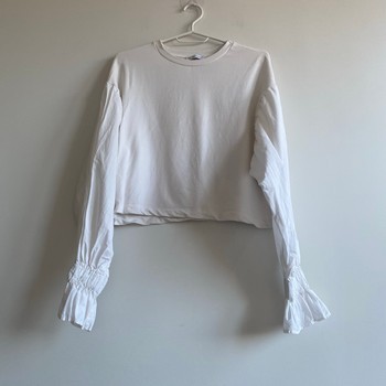 ZARA White Blouse Top S Puff Sleeve Ruffle Cuff Stretch Minimalist Elegant