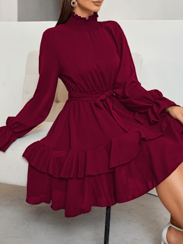 Flounce ruffle belted dress