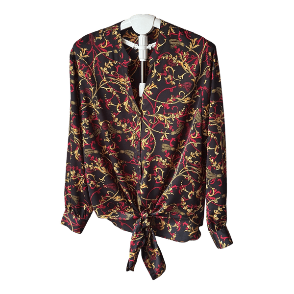 Black patterned tie-front blouse