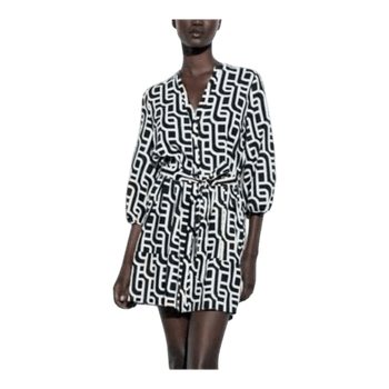 ZARA Linen Blend Tunic Dress Black White Geometric Print Relaxed Fit S