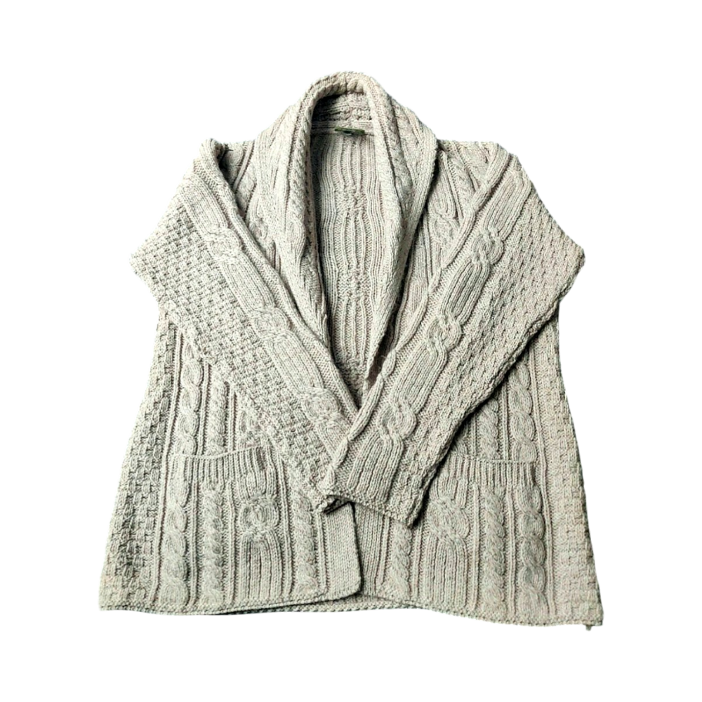 Carraig Donn 100% Merino Wool Aran Cable Knit Cardigan - Made in Ireland - Beige - M/L