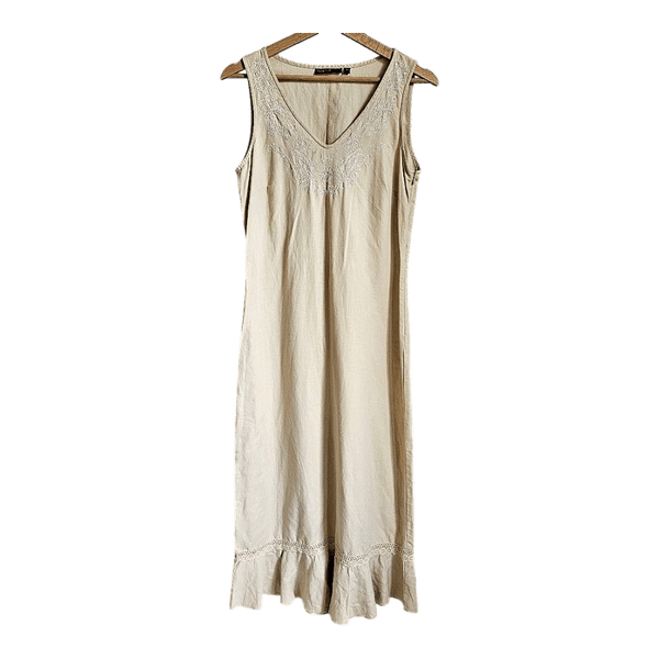 KappAhl Linen Blend Embroidered Maxi Dress EU 36 Boho Cottagecore Prairie Beige Summer