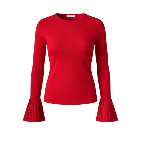 Valentino Stickad Tröja /Dam IT40-S/M –Röd Ribbstickning-Plisserade Manschetter
