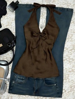Brown satin halter top