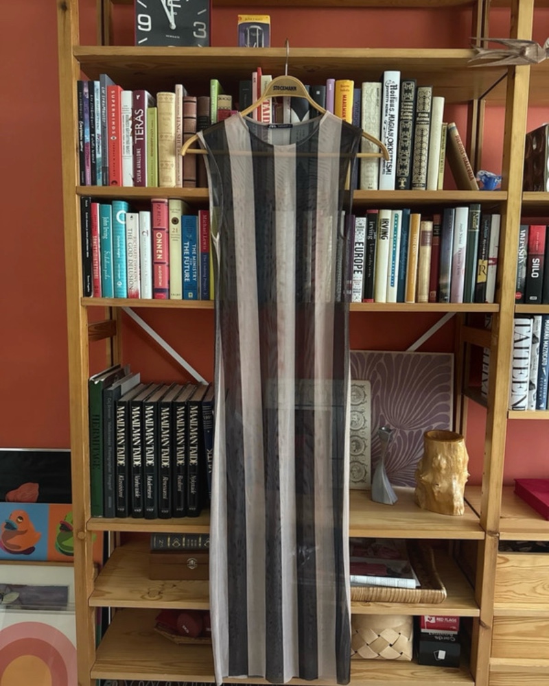 Striped mesh see through naked dress