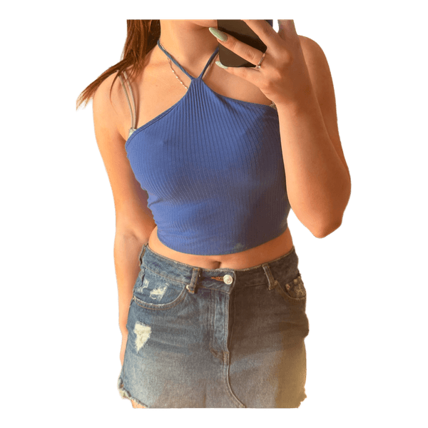 Blue ribbed lace up crop top