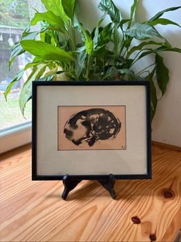 Original Ink Wash Drawing Sleeping Cat Signed B.P. – Framed Black & Beige Sumi-e Style Animal Art