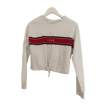 Valkoinen pitkähiha crop top punaisilla ja sinisillä raidoilla XS/S – casual / street / retro