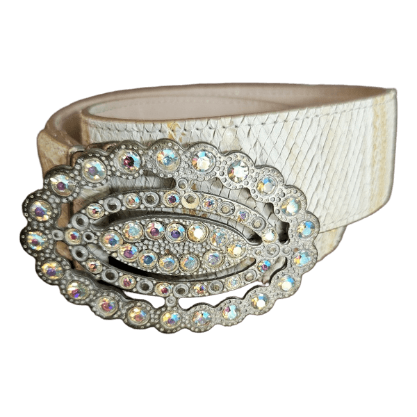 Cinta White Genuine Leather Snake Print Belt Crystal Rhinestone Buckle Italy