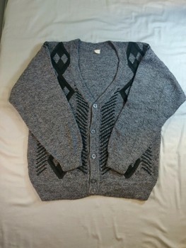 Vintage 90-luvun Neuletakki - Harmaa-musta Geometrinen Kuosi - Miesten XL / Unisex